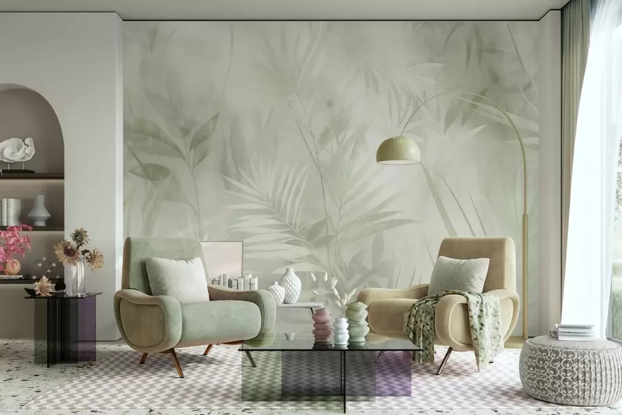 murales de pared Hojas de palmera en tonos verdes apagados, con un fondo suave, selva tropical w10023v1