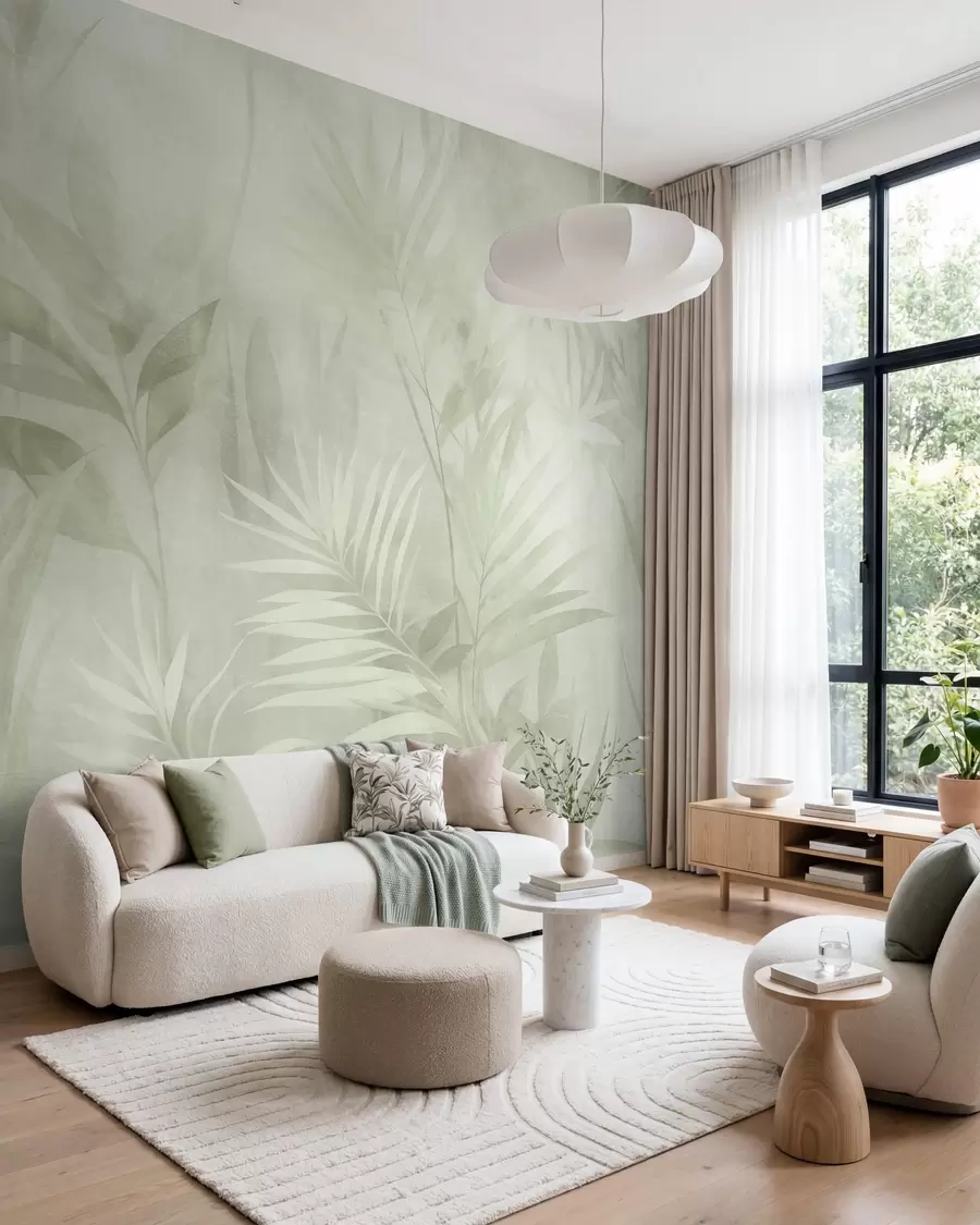 murales de pared Hojas de palmera en tonos verdes apagados, con un fondo suave, selva tropical w10023v1