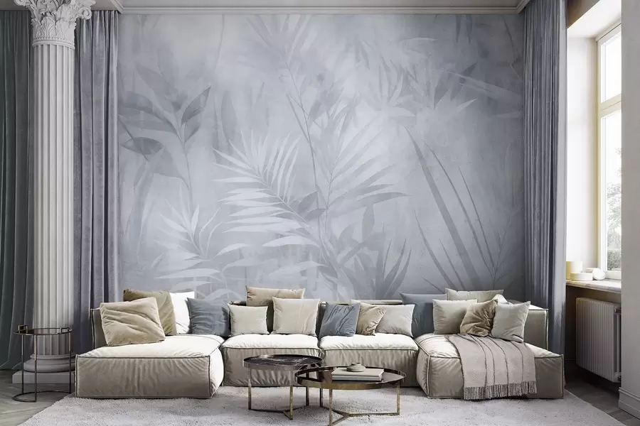 murales de pared Hojas de palmera en tonos azules apagados, con un fondo suave, selva tropical w10023v2
