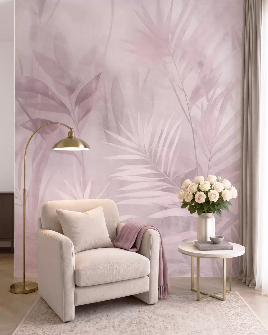 murales de pared Hojas de palmera en tonos rosados apagados, con un fondo suave, selva tropical w10023v3