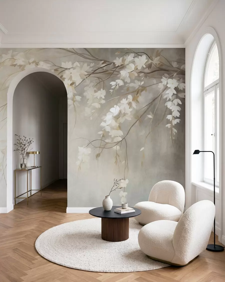murales de pared Una delicada rama de cerezo con flores blancas y hojas, estilo pictórico w10024