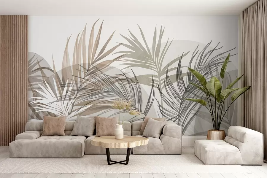murales de pared Hojas de palmera en tonos neutros de beige, marrón y gris, con formas abstractas w10025