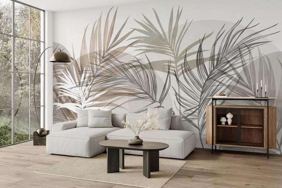 murales de pared Hojas de palmera en tonos neutros de beige, marrón y gris, con formas abstractas w10025