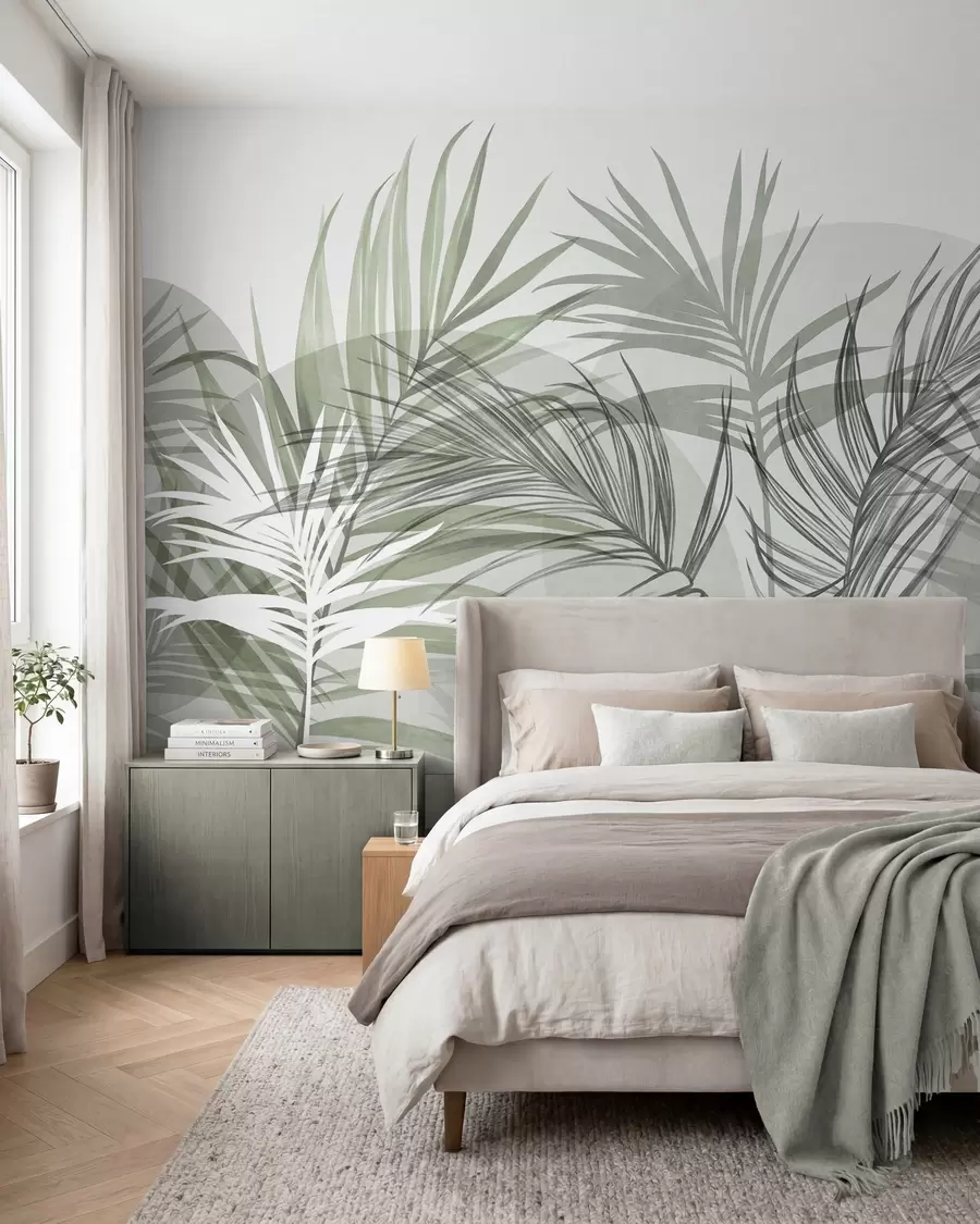 murales de pared Hojas de palmera en tonos neutros de verde y gris, con formas abstractas w10025v2