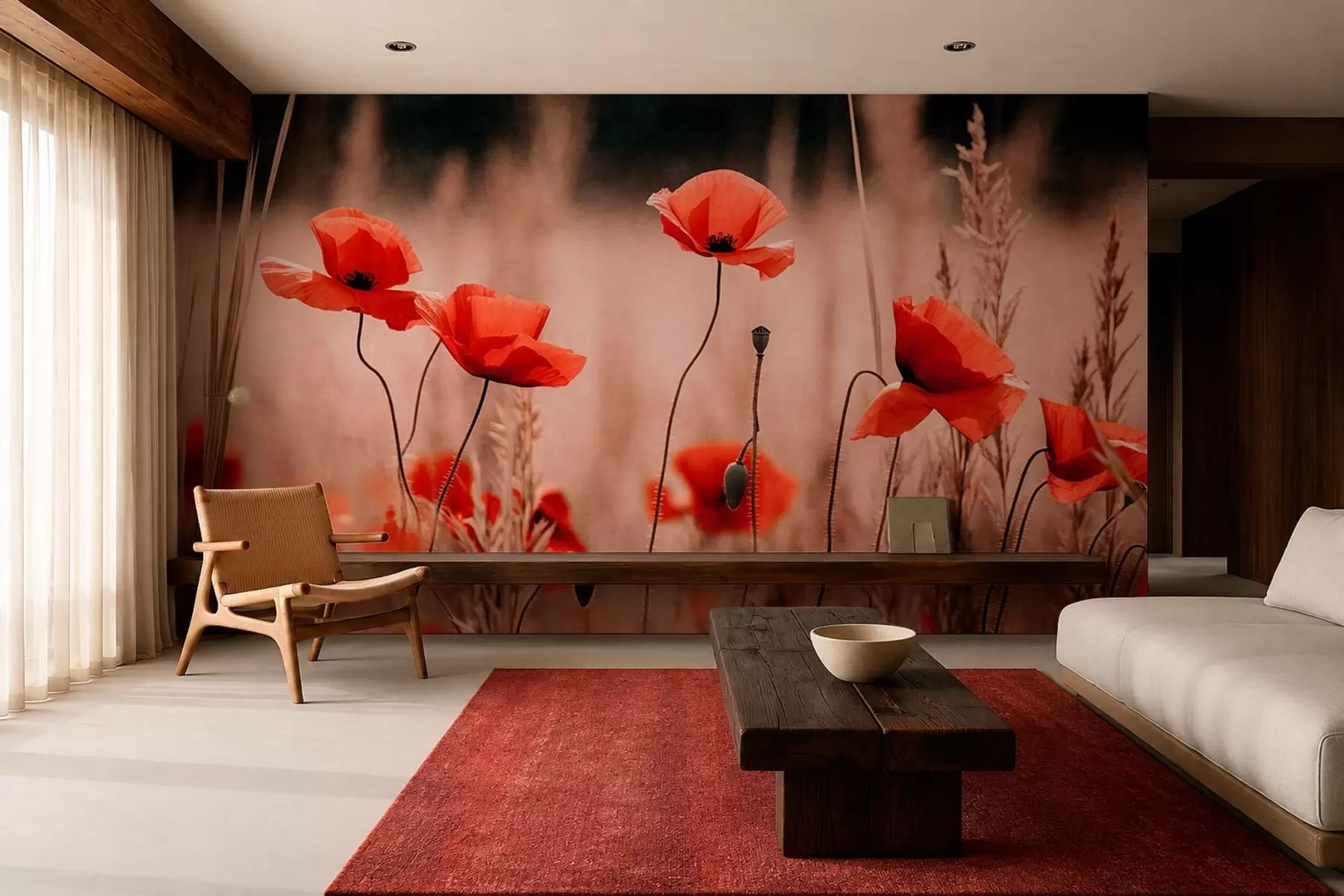 murales de pared Amapolas de un rojo intenso entre la hierba seca w05866