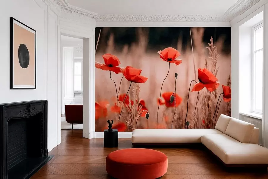 murales de pared Amapolas de un rojo intenso entre la hierba seca w05866
