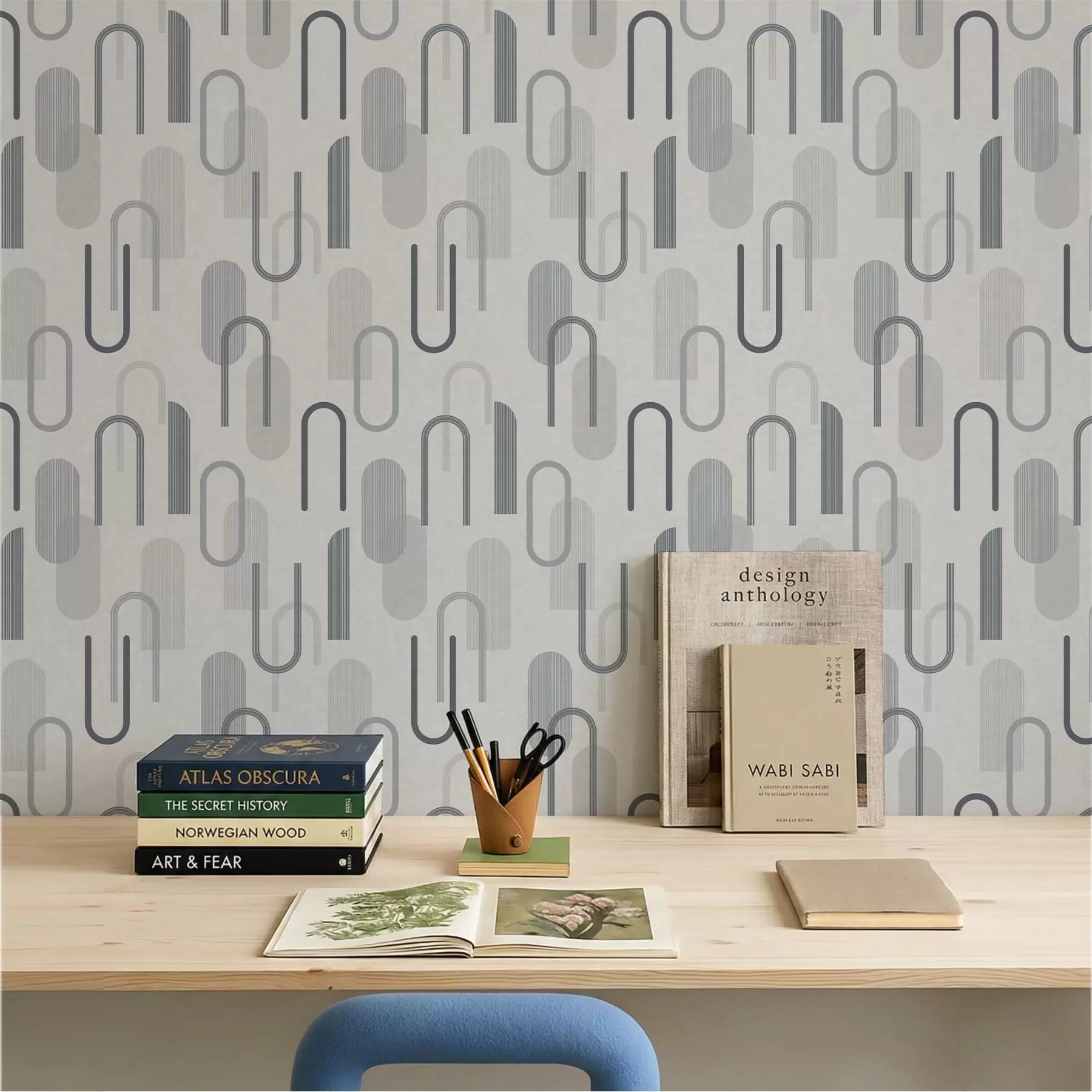 murales de pared Motivo geométrico con arcos en tonos gris azulados a01255v1