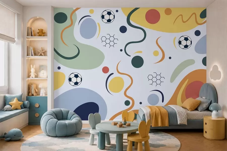 murales de pared Formas abstractas, balones de fútbol, líneas y círculos w05142v2