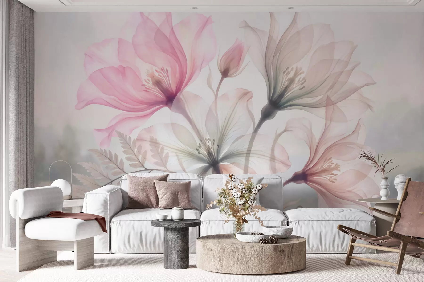 murales de pared Delicadas flores en tonos rosa y azul pastel, con estilo de acuarela w10009