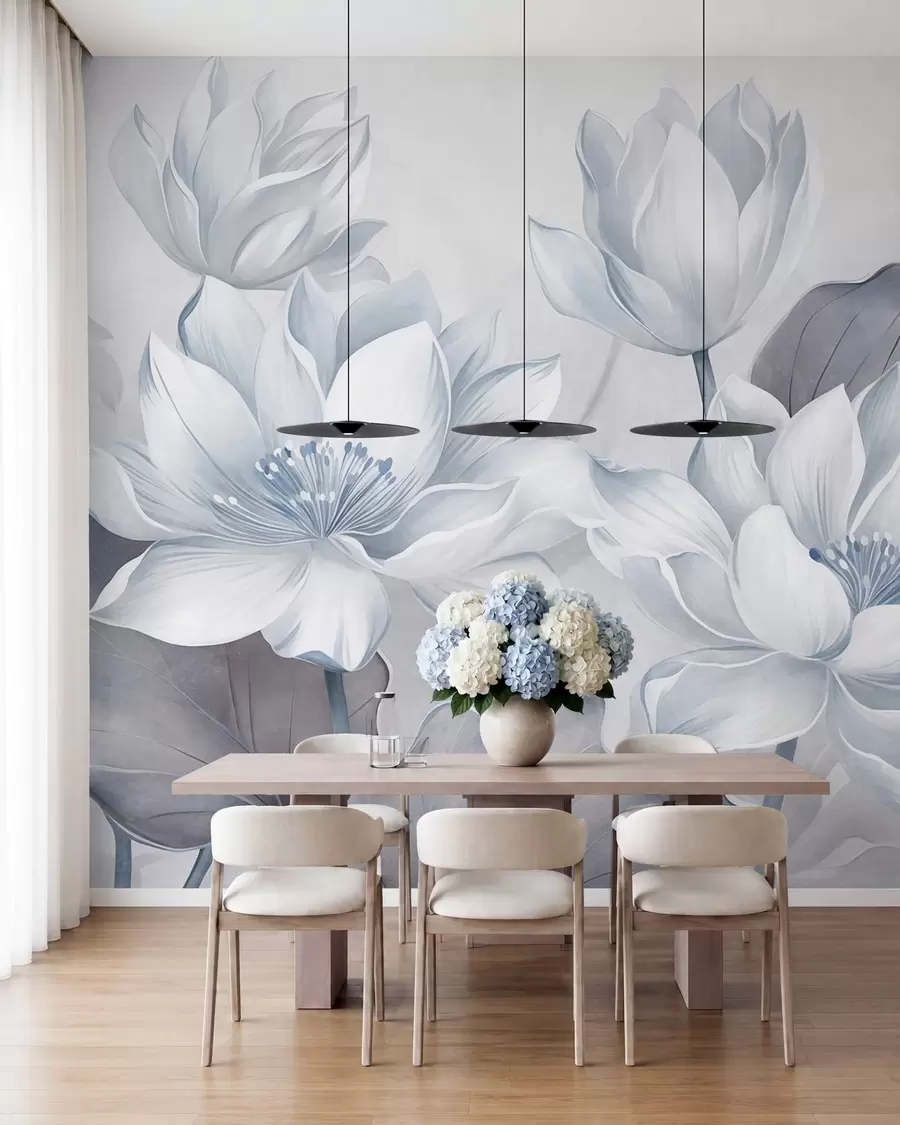 murales de pared Flores de loto con textura y pétalos delicados, y hojas grandes de un azul apagado w10027v1