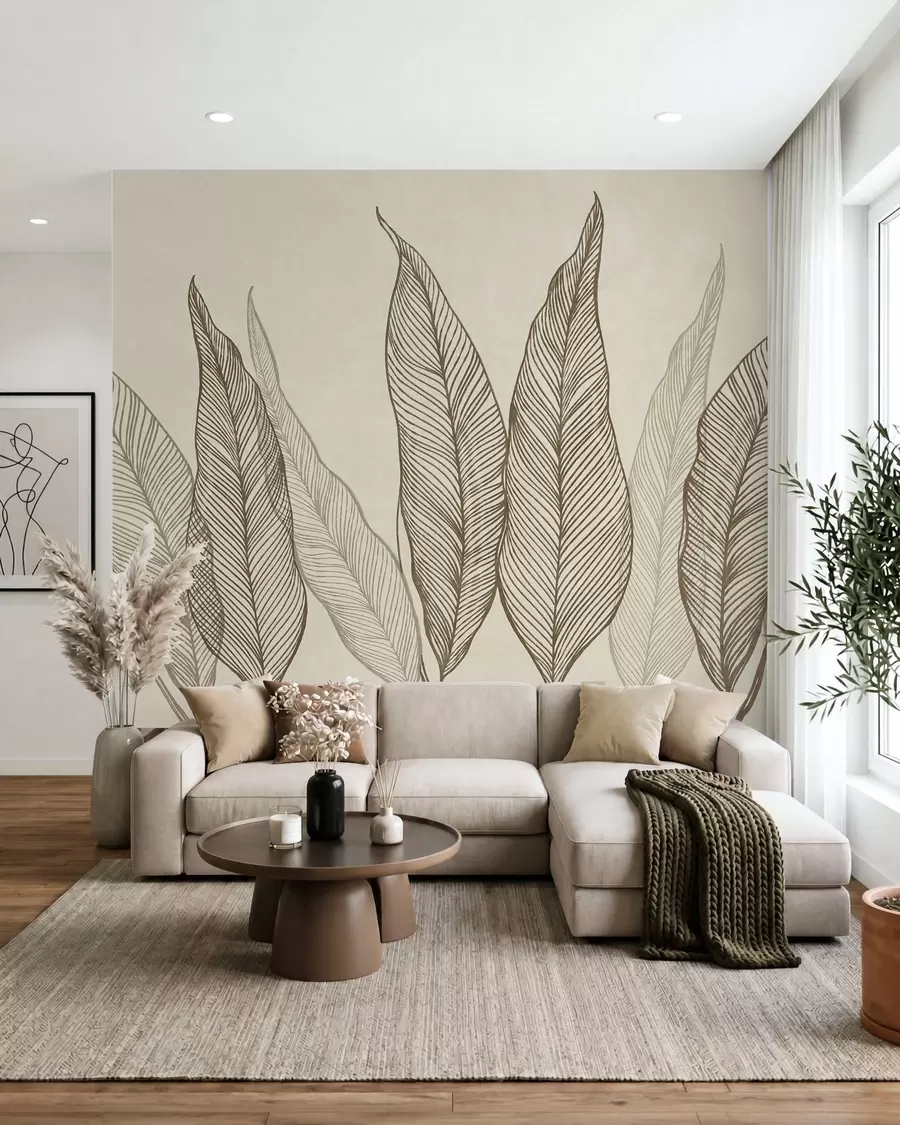 murales de pared Hojas marrones estilizadas con detalles de líneas intrincadas sobre un fondo beige; obra de arte con textura w10030v2