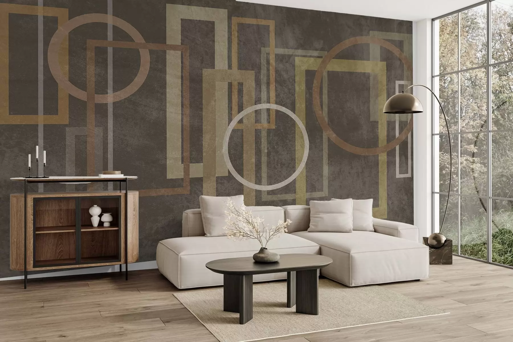 murales de pared Formas geométricas y con textura, como rectángulos y círculos, en tonos tierra w10031