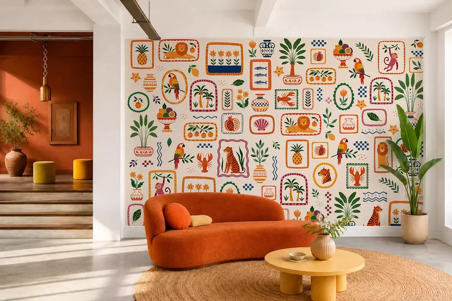 murales de pared Diseño colorido con animales, plantas y frutas w05885