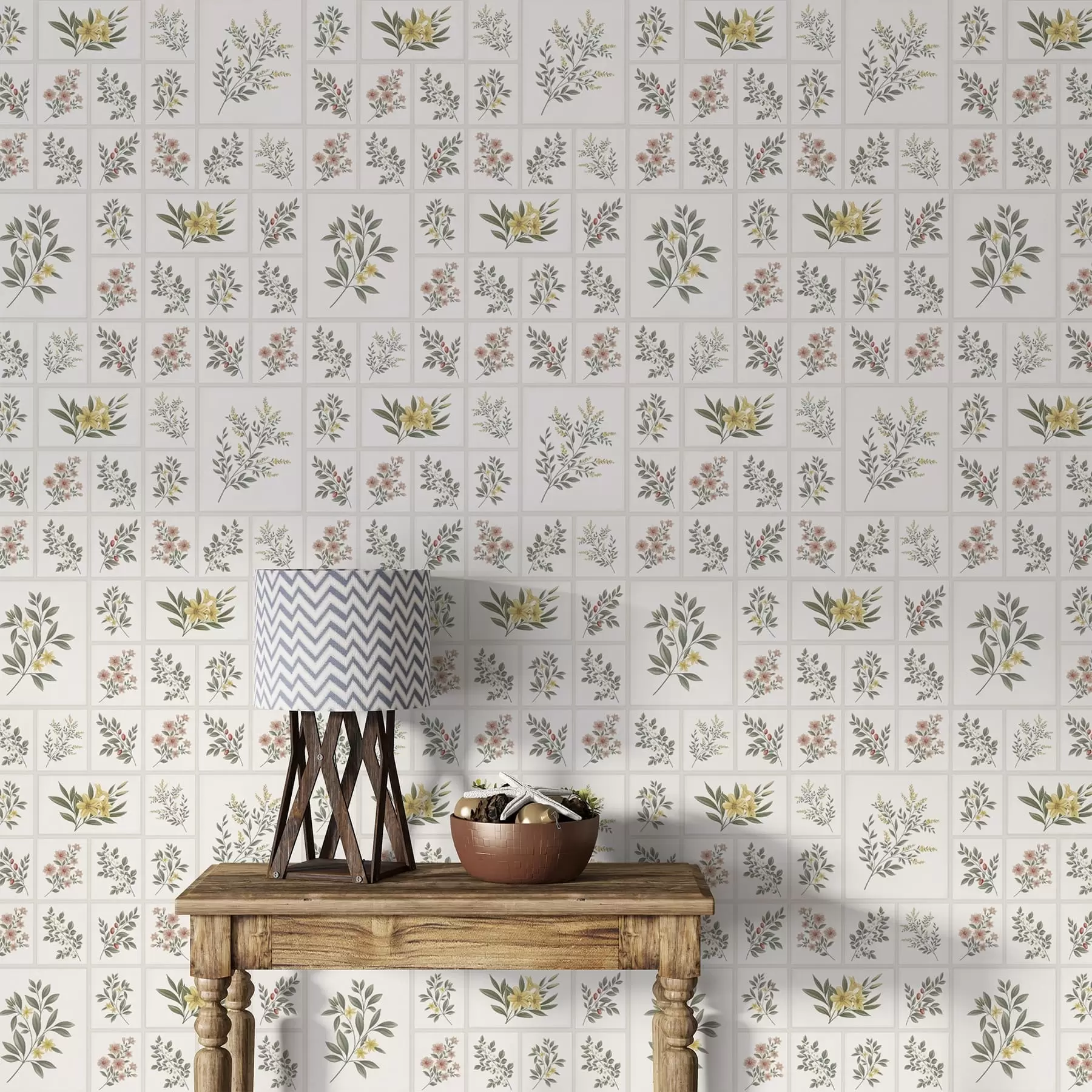 murales de pared Motivo botánico con flores y hojas enmarcadas a01258