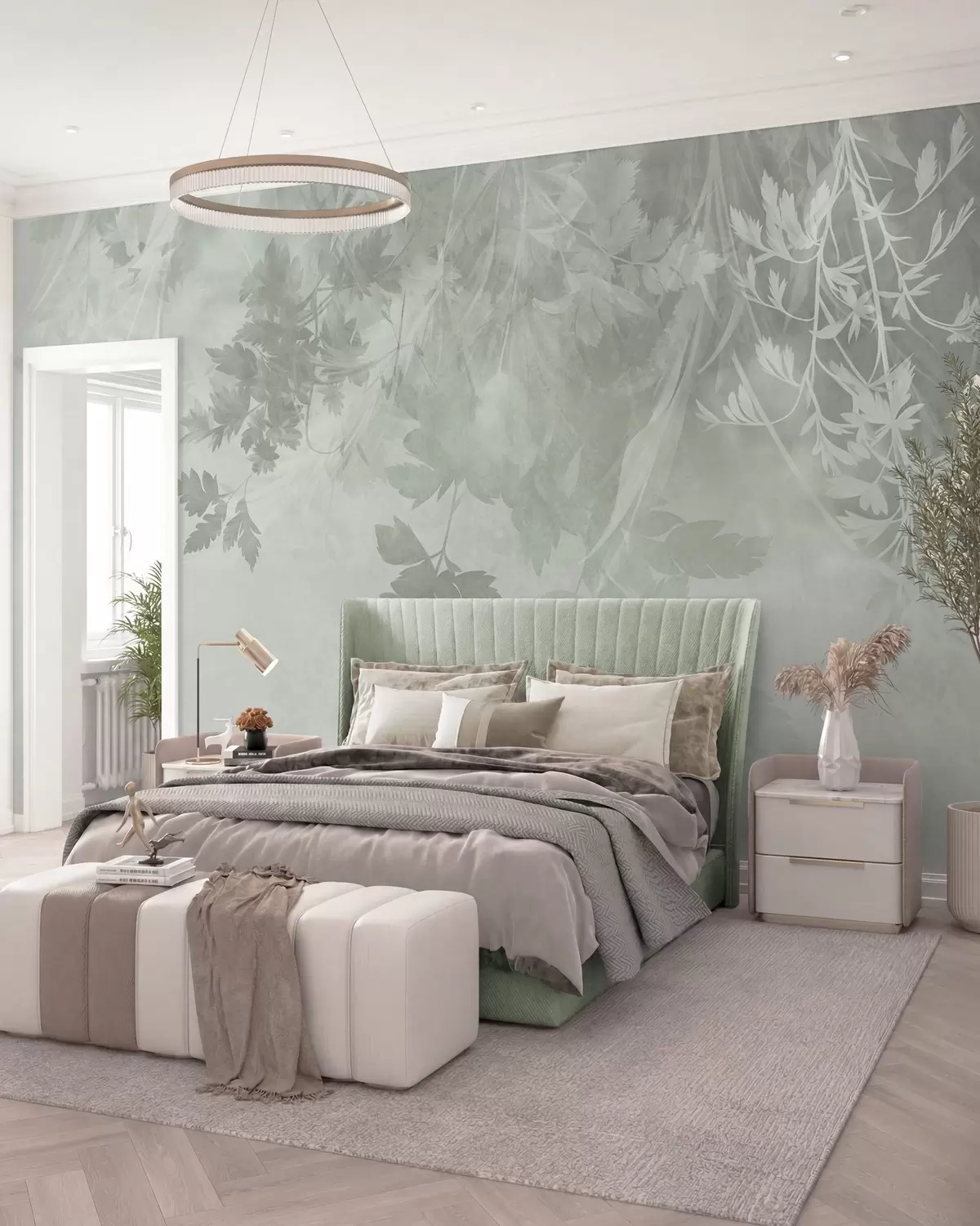 murales de pared Hojas y ramas con textura sobre un fondo verde suave y apagado w10020v2