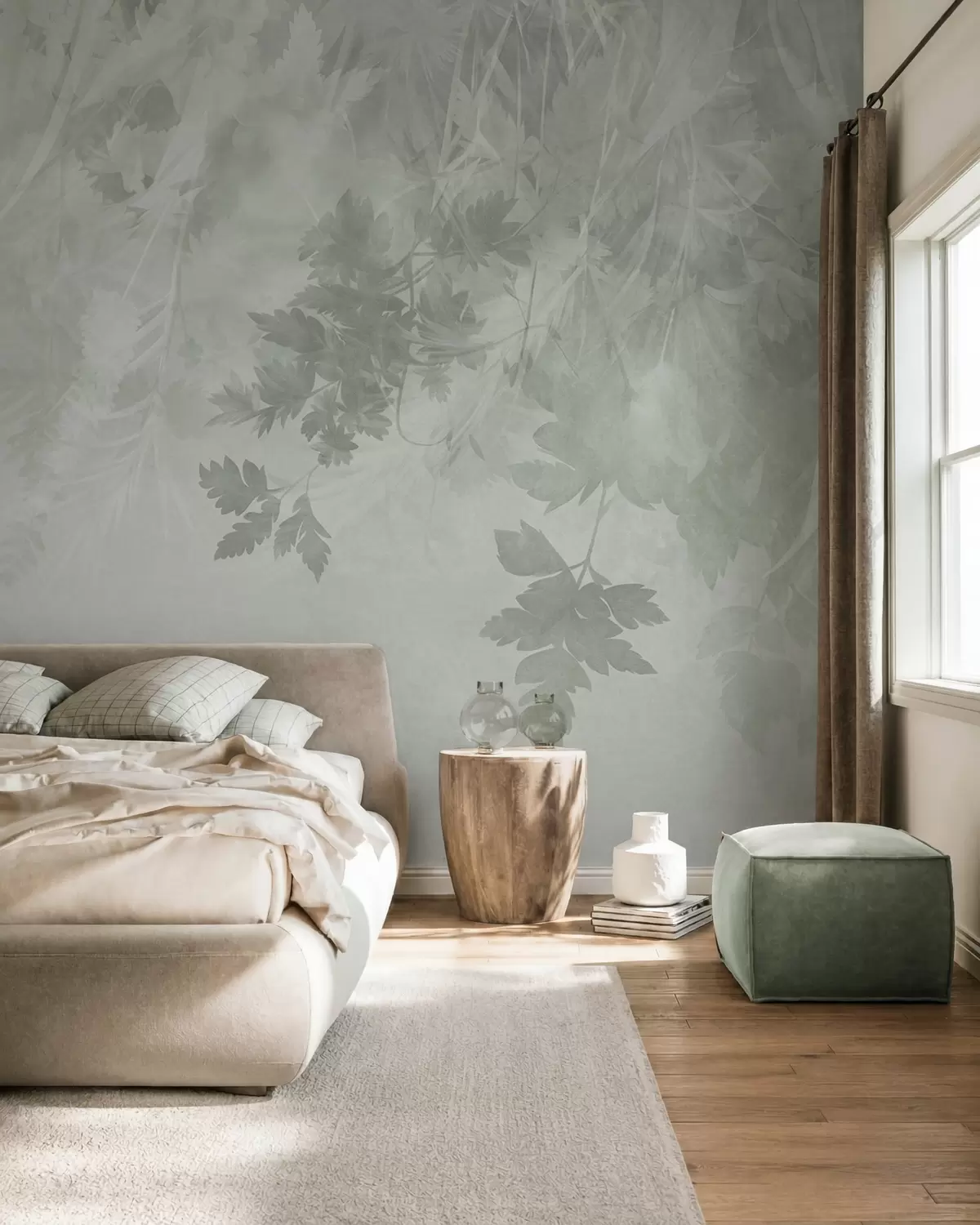 murales de pared Hojas y ramas con textura sobre un fondo verde suave y apagado w10020v2