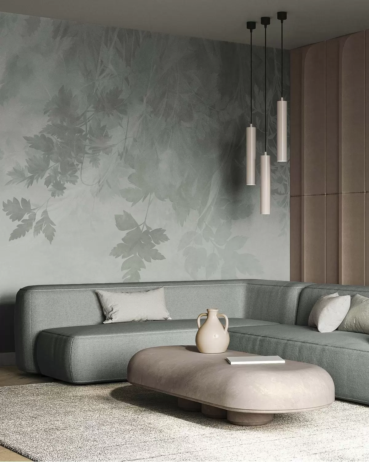 murales de pared Hojas y ramas con textura sobre un fondo verde suave y apagado w10020v2