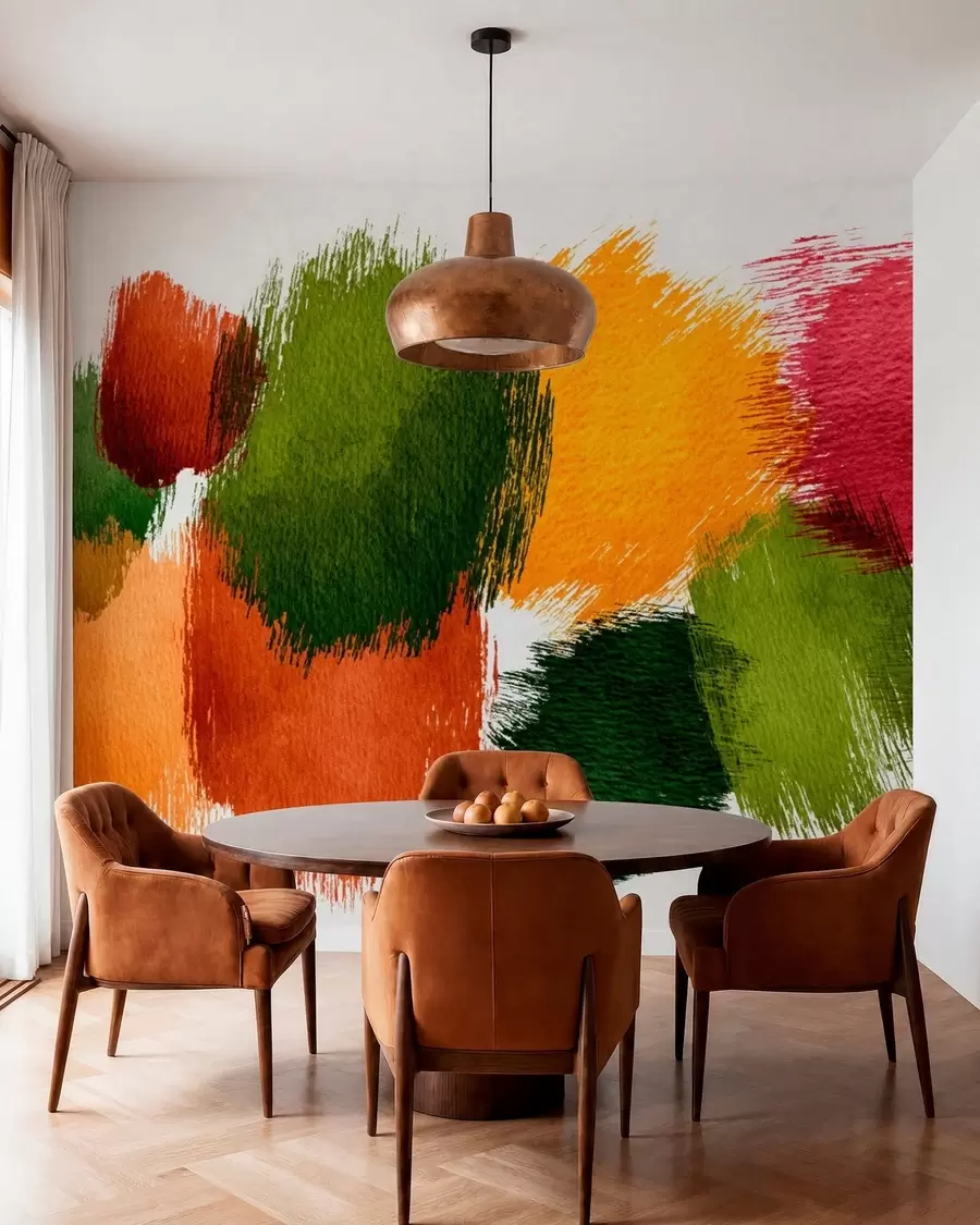 murales de pared Trazos abstractos en verde, naranja y rosa w05859