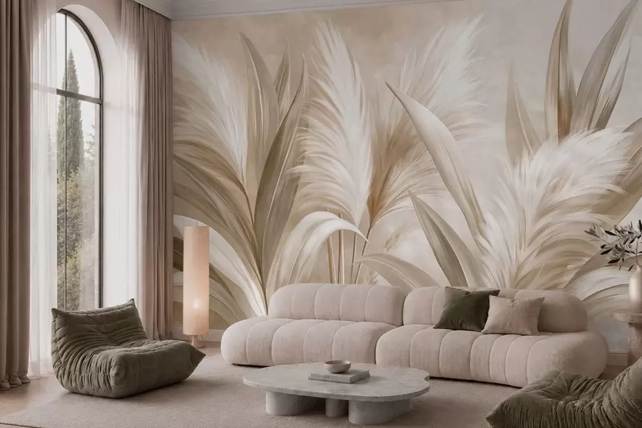 murales de pared Hojas decorativas de color pálido y flores plumosas w05863