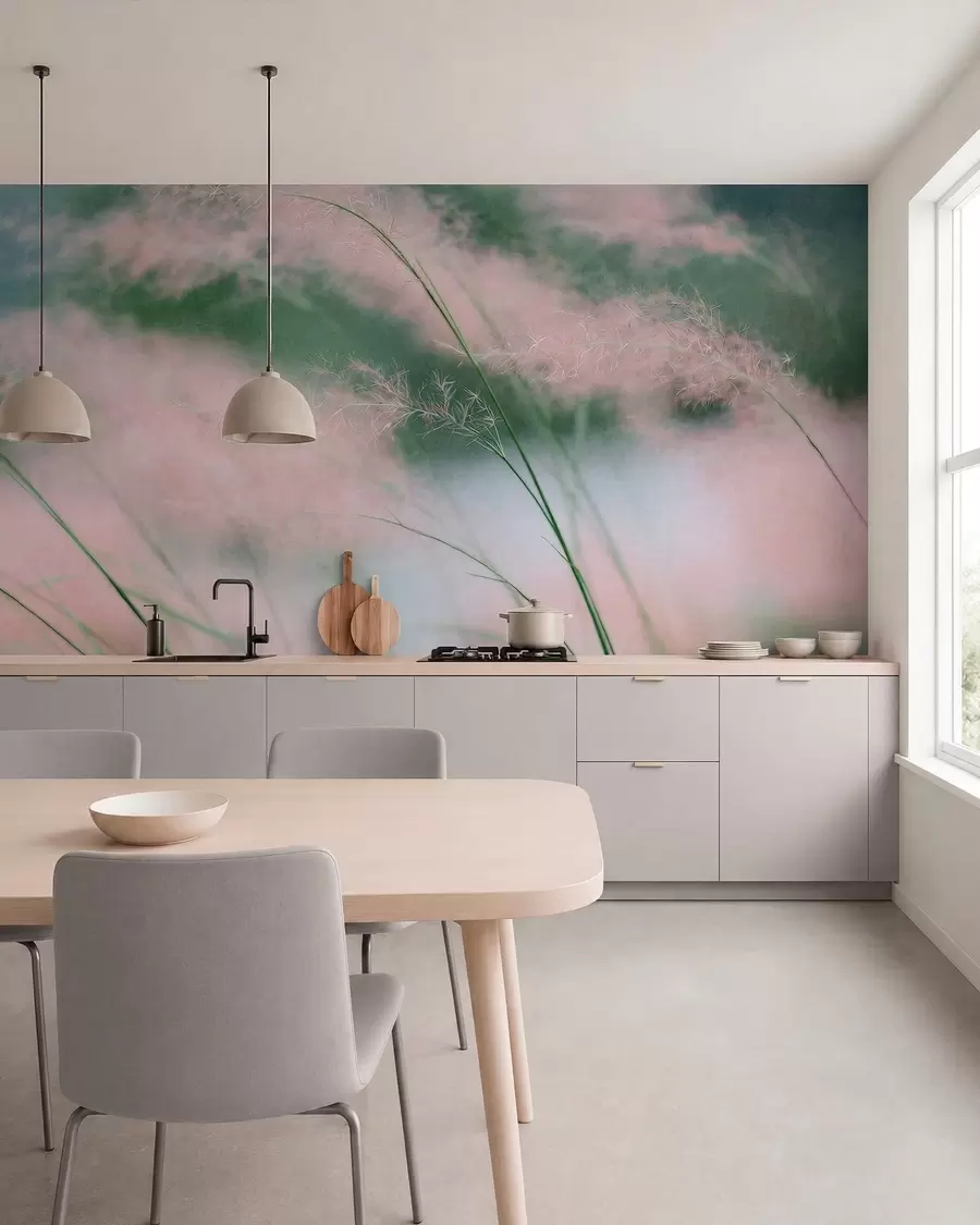 murales de pared Delicadas hierbas rosadas sobre un fondo verde suave w05886