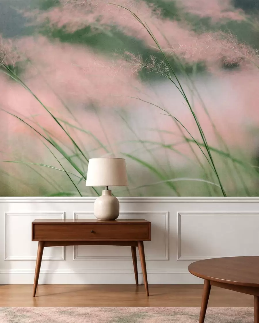 murales de pared Delicadas hierbas rosadas sobre un fondo verde suave w05886v1