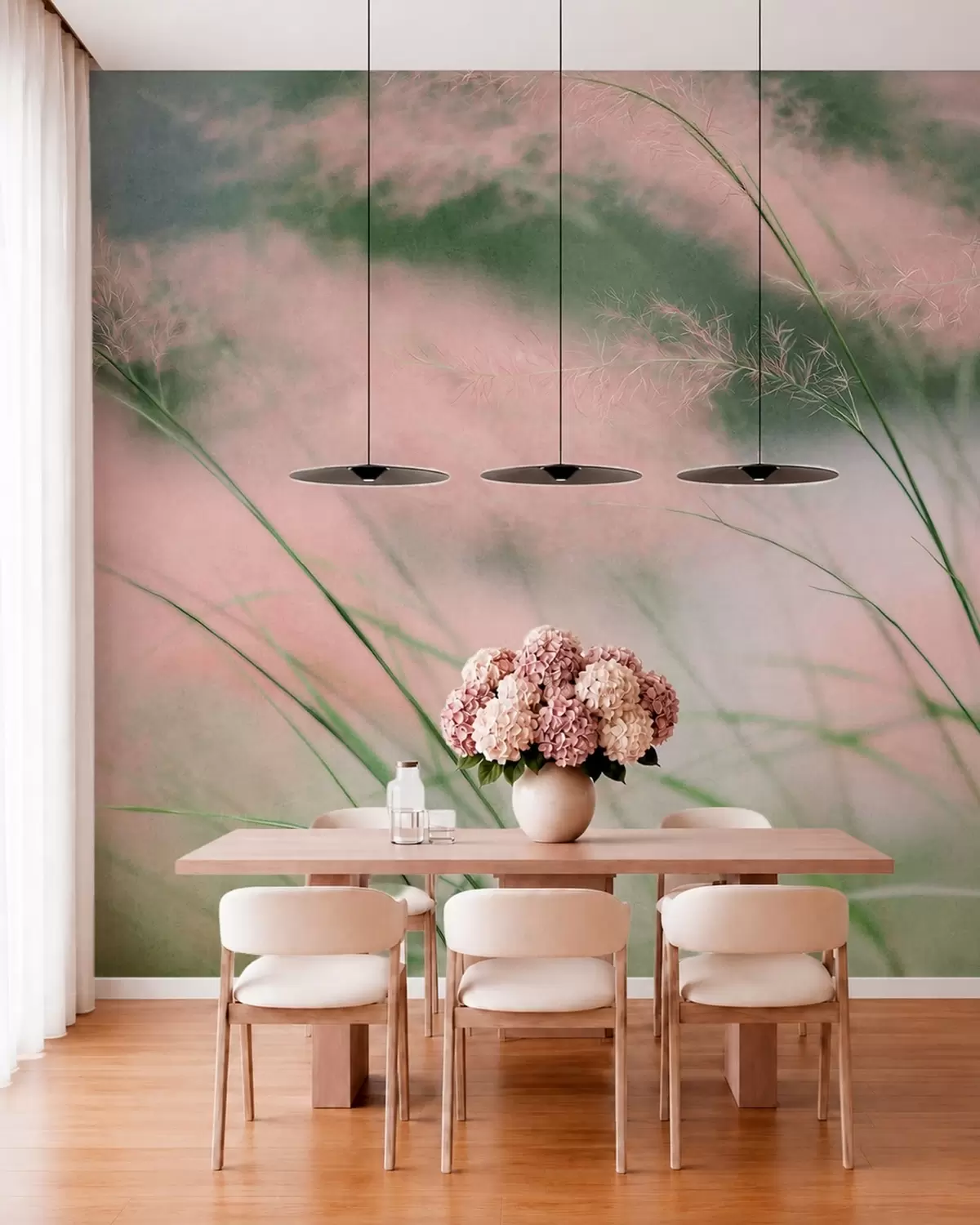 murales de pared Delicadas hierbas rosadas sobre un fondo verde suave w05886v1