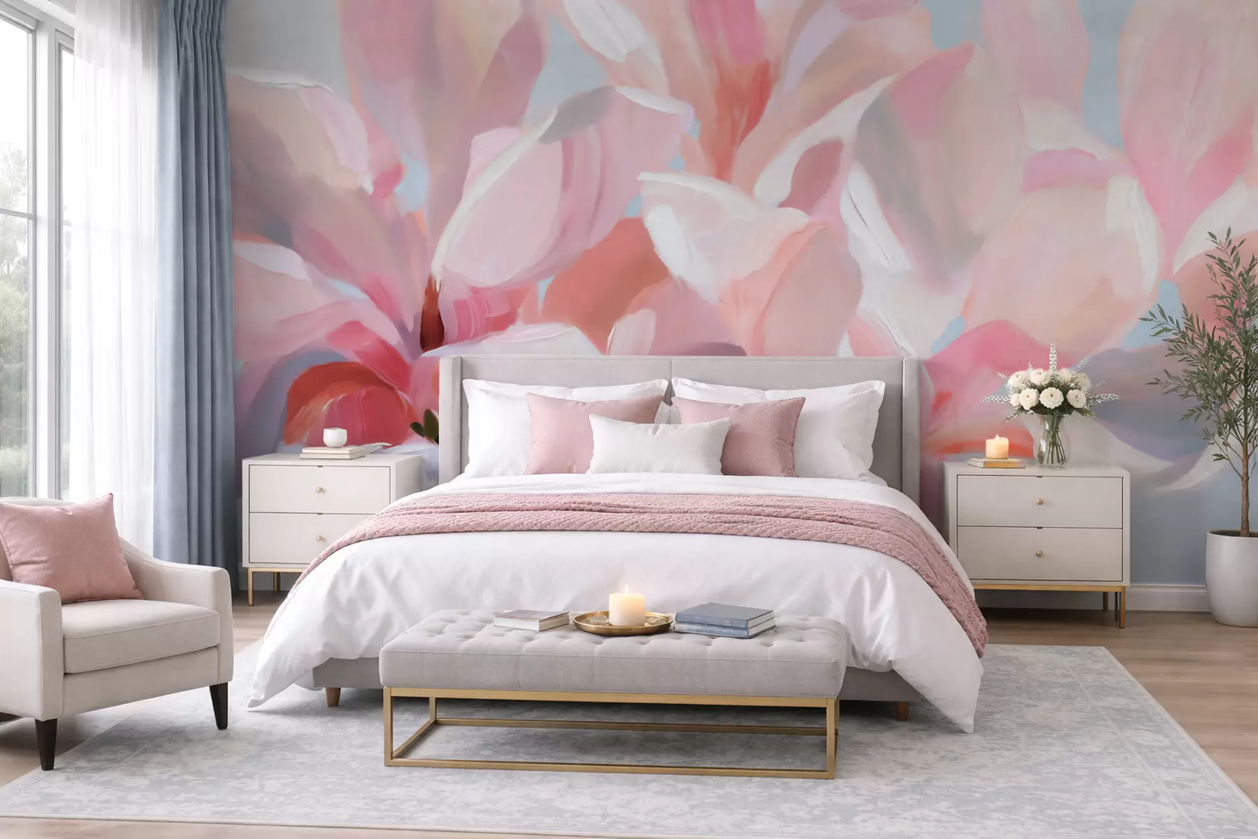 murales de pared Primer plano de una magnolia rosa, imitación de una técnica pictórica suave w10043