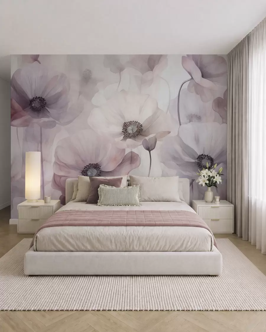 murales de pared Amapolas de color rosa pálido y blanco con pétalos delicados w10029v1