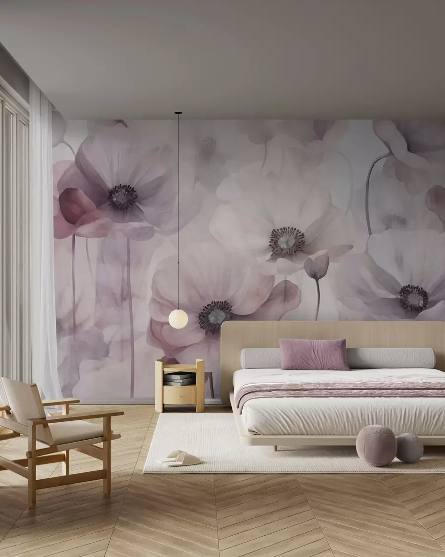 murales de pared Amapolas de color rosa pálido y blanco con pétalos delicados w10029v1