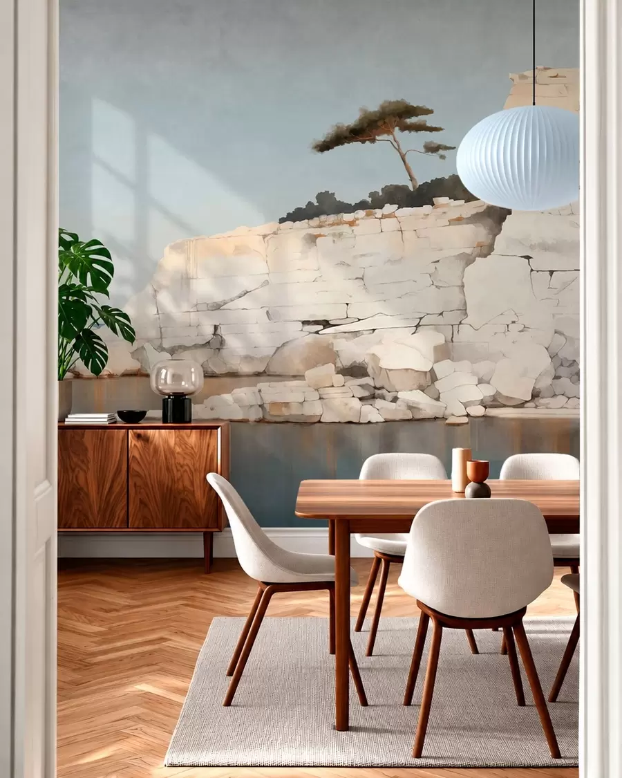murales de pared Acantilados pálidos junto a un mar en calma, con un árbol solitario w05922