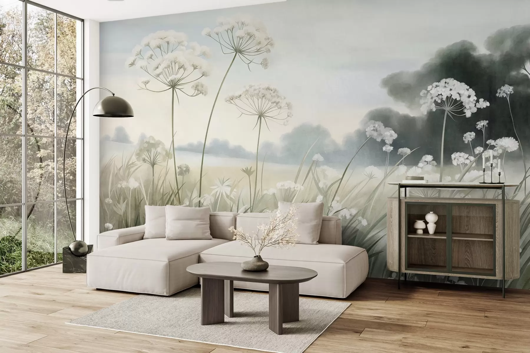 murales de pared Paisaje con flores silvestres y hierbas altas en un campo, colores apagados, con textura w10032