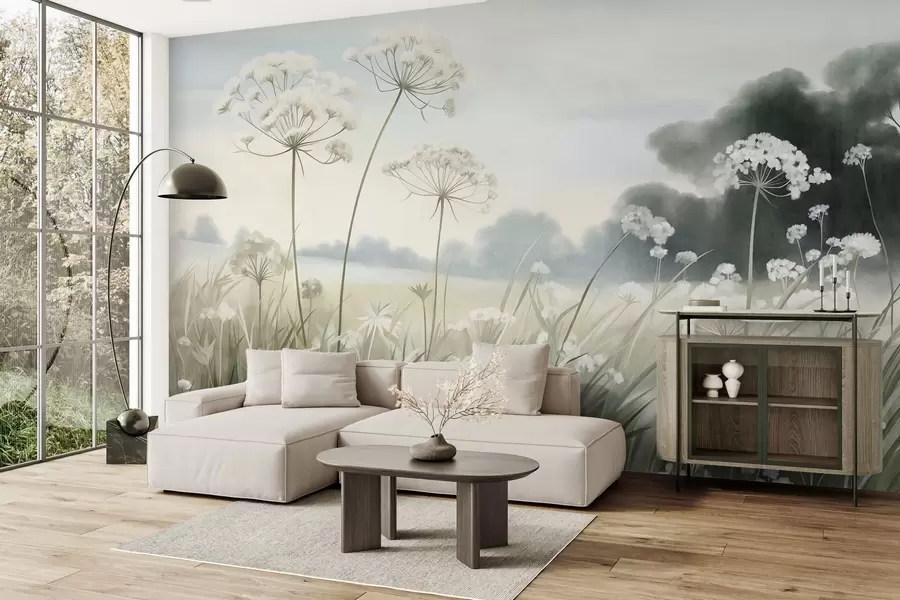 murales de pared Paisaje con flores silvestres y hierbas altas en un campo, colores apagados, con textura w10032