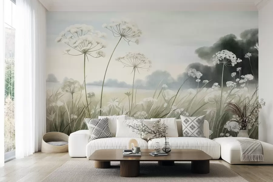 murales de pared Paisaje con flores silvestres y hierbas altas en un campo, colores apagados, con textura w10032