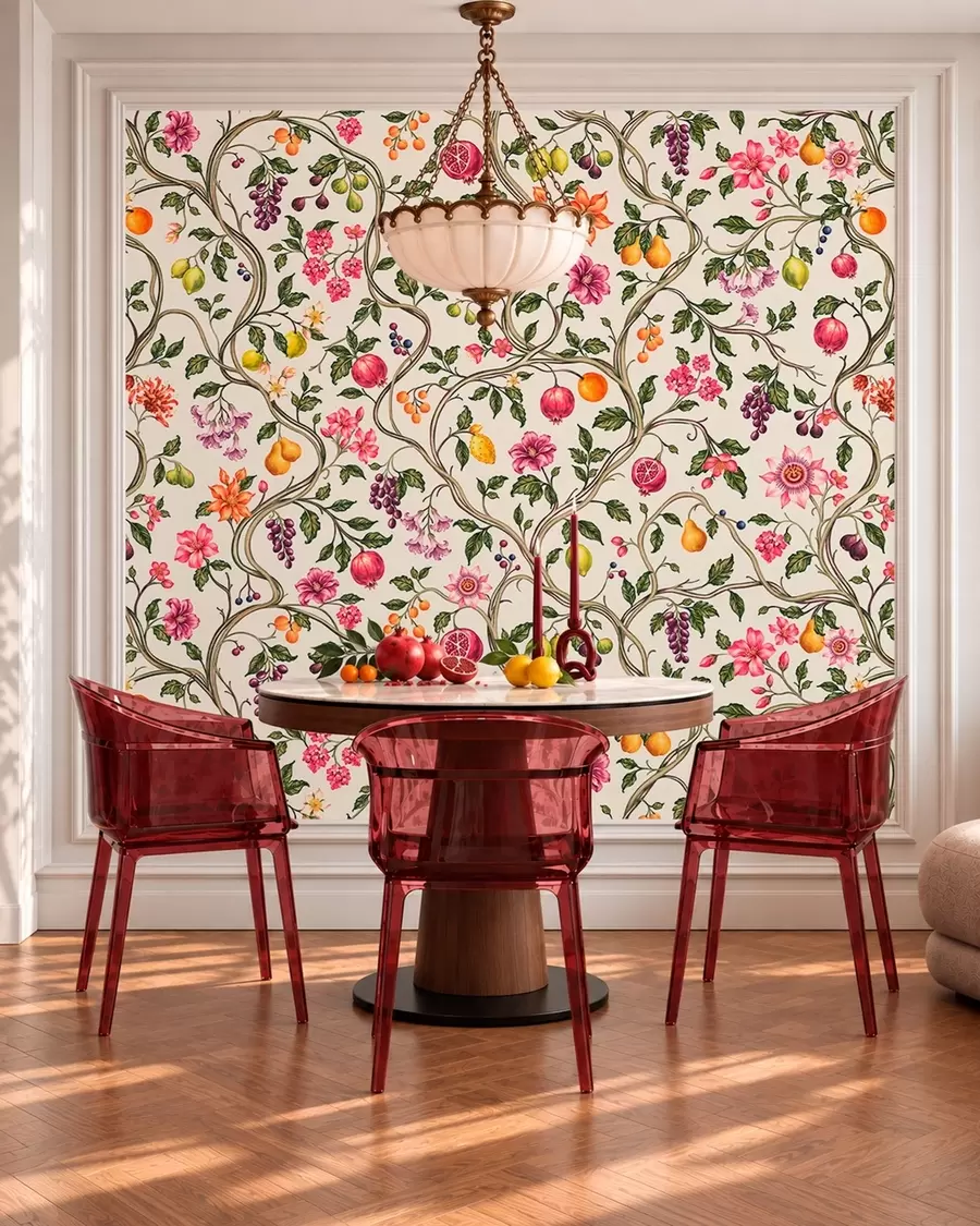murales de pared Ramas entrelazadas con flores, frutos y hojas verdes w05862