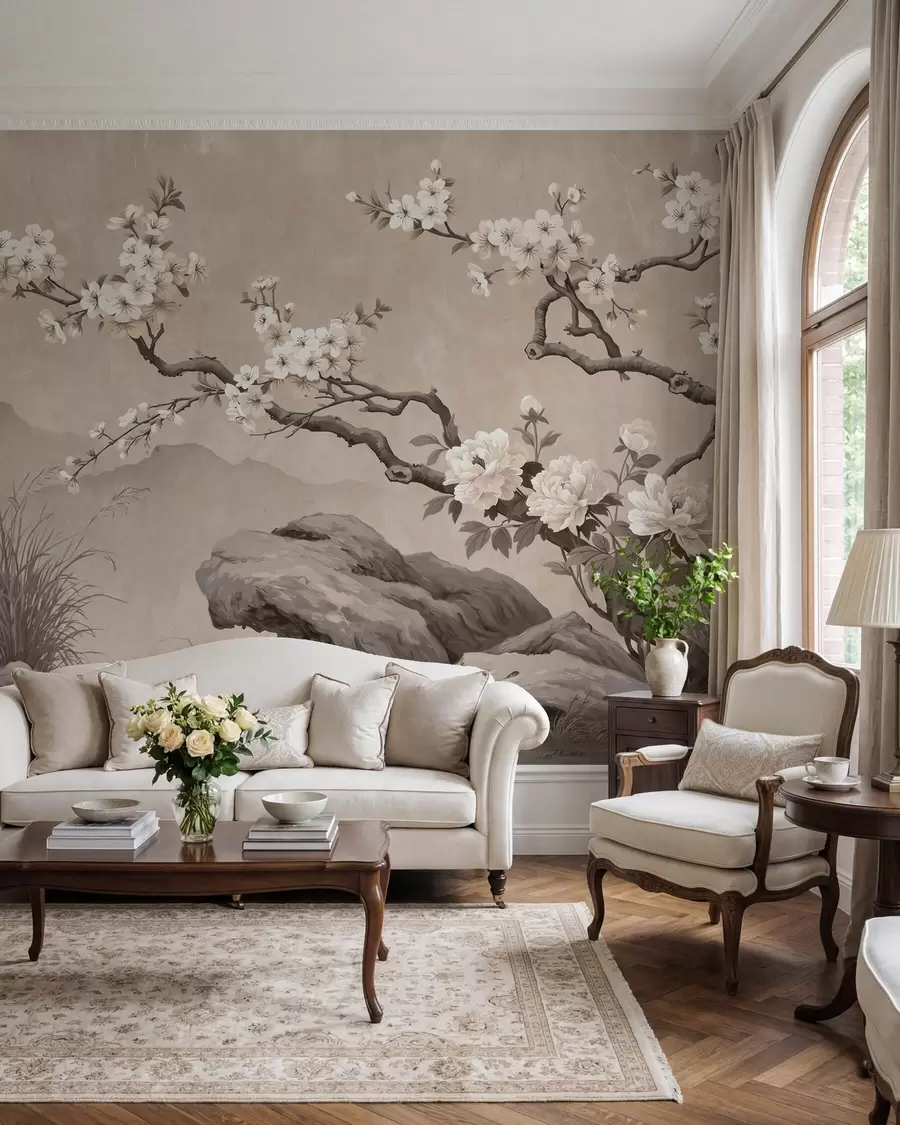 murales de pared Rama de cerezo en flor sobre rocas en tonos beige claro, al estilo de la pintura oriental w10052