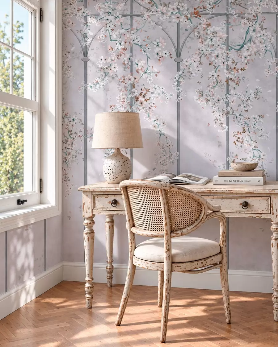 murales de pared Ramas con flores blancas sobre un enrejado decorativo azul y gris w05923v1