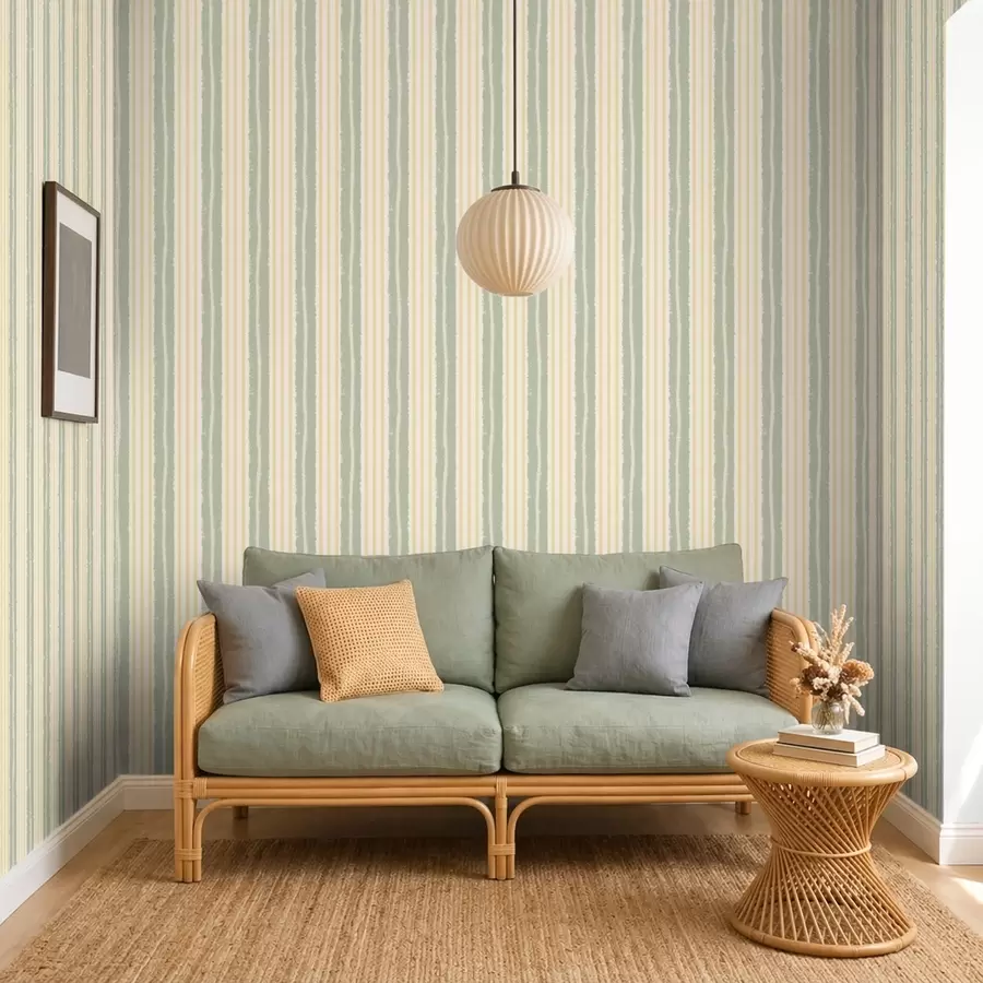 murales de pared Rayas verticales de color menta y amarillo sobre un fondo claro a01268v5