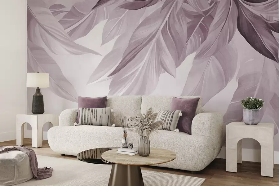 murales de pared Hojas tropicales, grandes, de color rosa apagado; fondo claro y con textura w10054v2