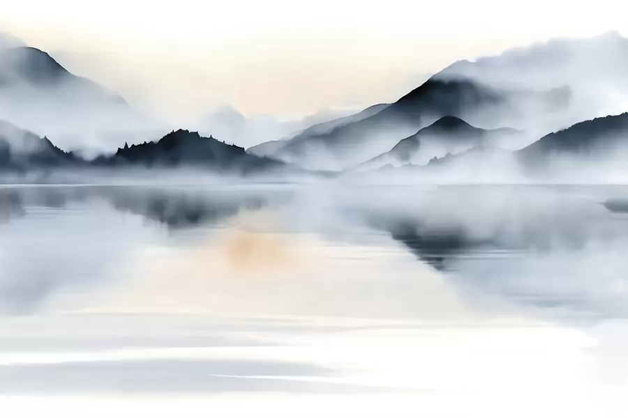 murales de pared Un lago con un telón de fondo de montañas envueltas en niebla, en estilo acuarela w10078