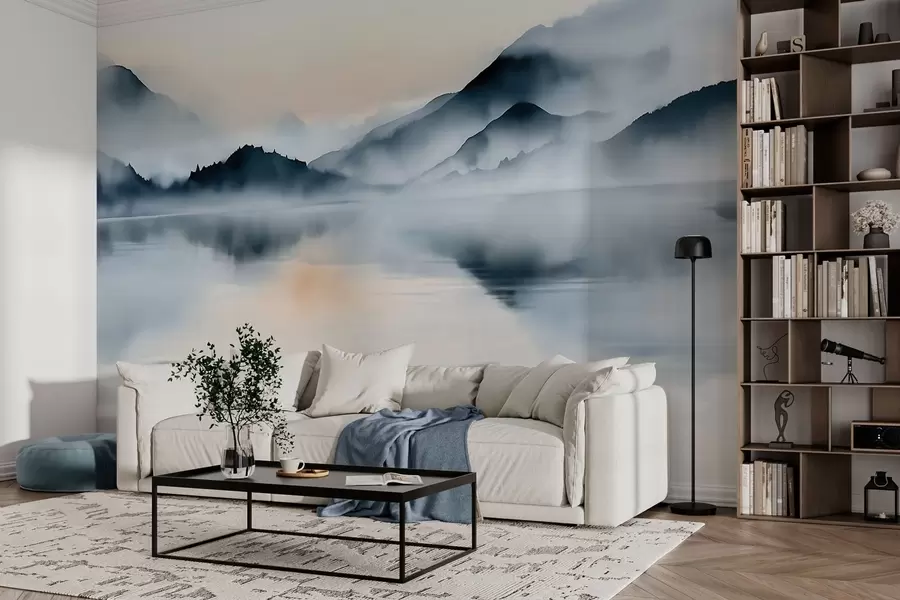 murales de pared Un lago con un telón de fondo de montañas envueltas en niebla, en estilo acuarela w10078