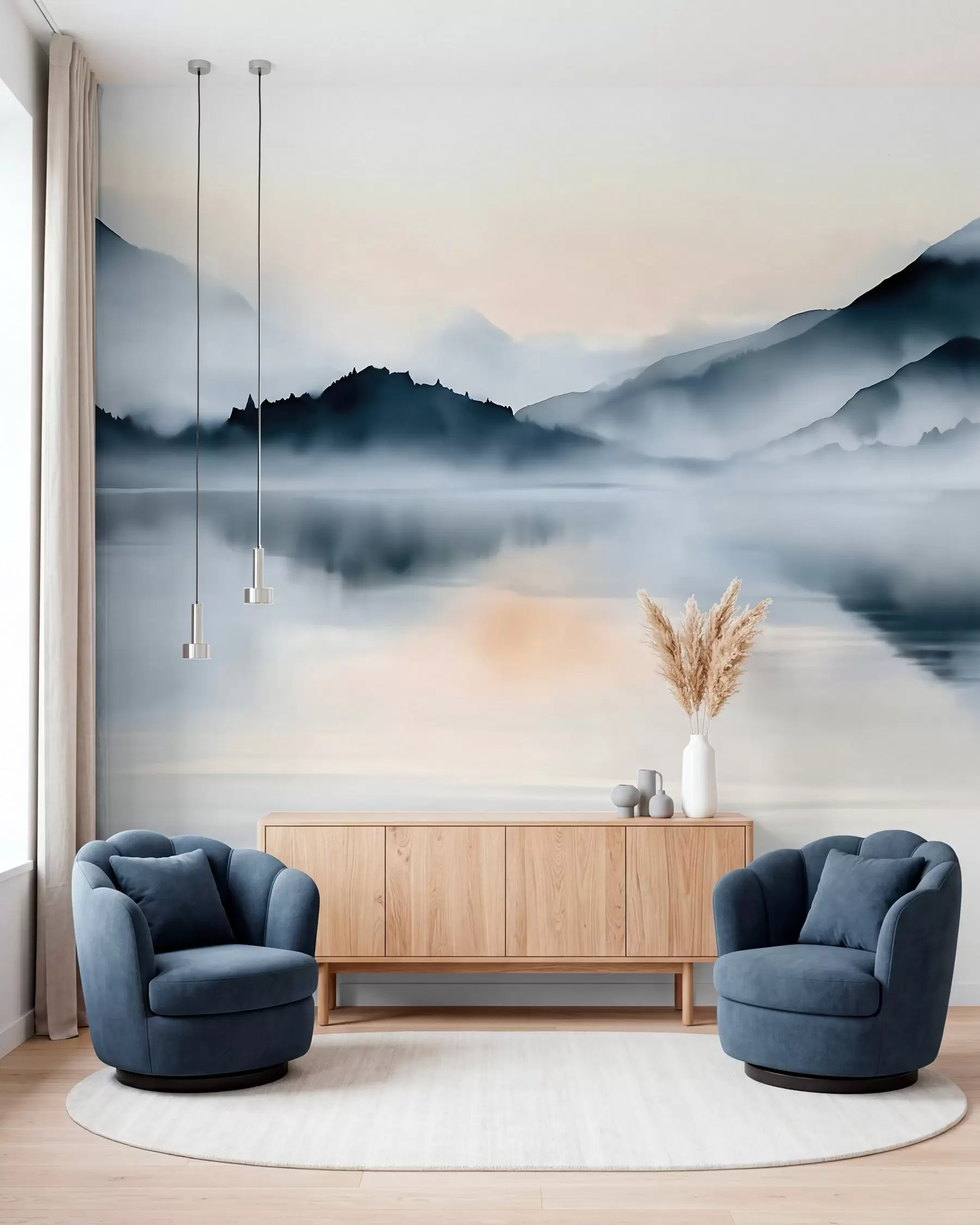 murales de pared Un lago con un telón de fondo de montañas envueltas en niebla, en estilo acuarela w10078