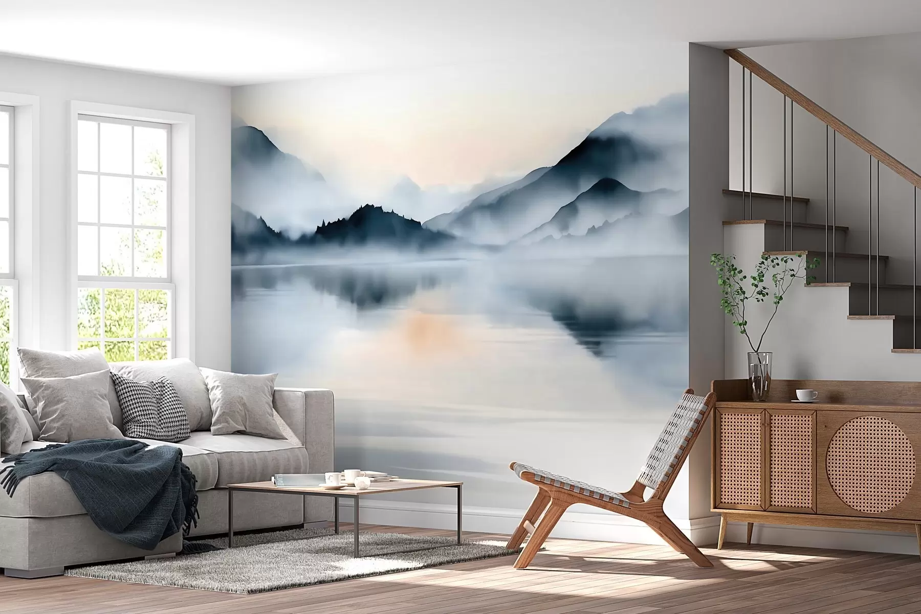 murales de pared Un lago con un telón de fondo de montañas envueltas en niebla, en estilo acuarela w10078