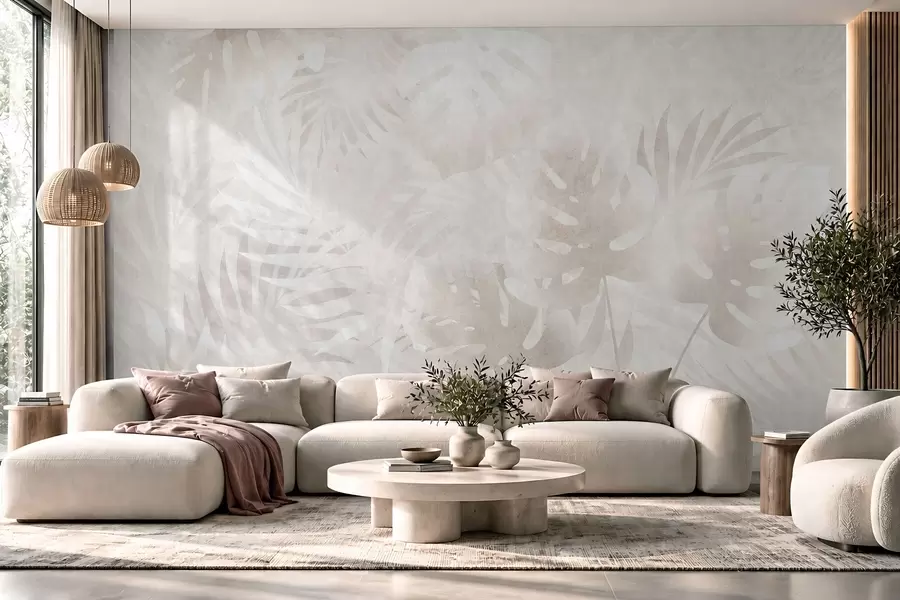 murales de pared Hojas tropicales con efecto grunge en tonos beige difuminados w10080