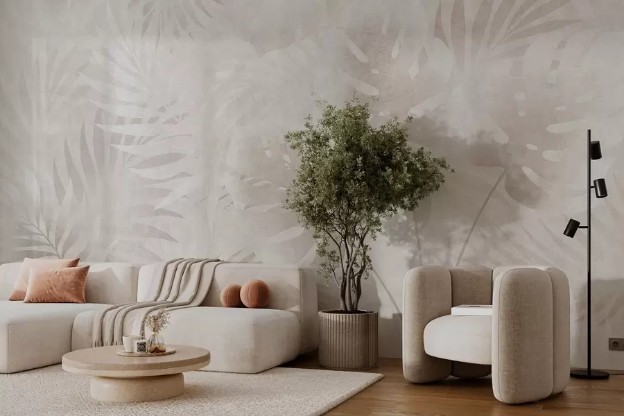 murales de pared Hojas tropicales con efecto grunge en tonos beige difuminados w10080
