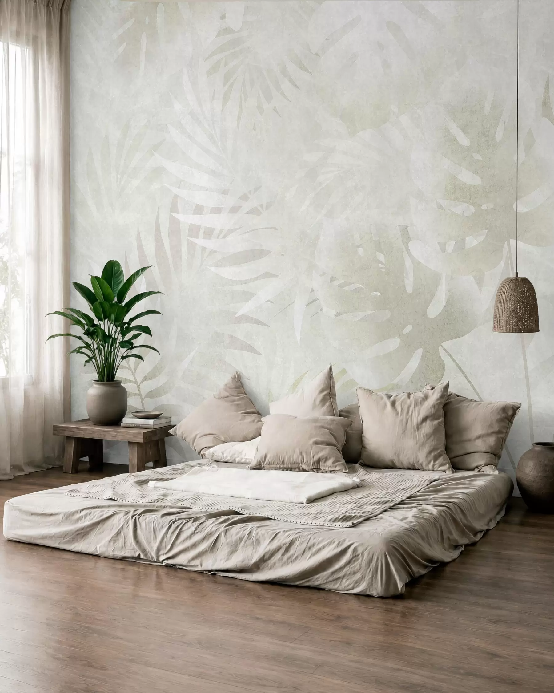 murales de pared Hojas tropicales con efecto grunge en tonos beige neutros w10080v1