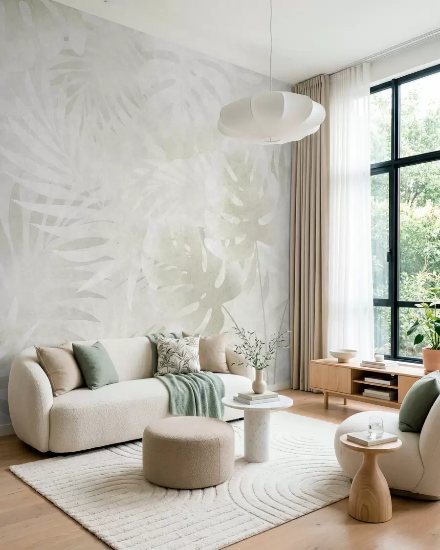 murales de pared Hojas tropicales con efecto grunge en tonos beige neutros w10080v1