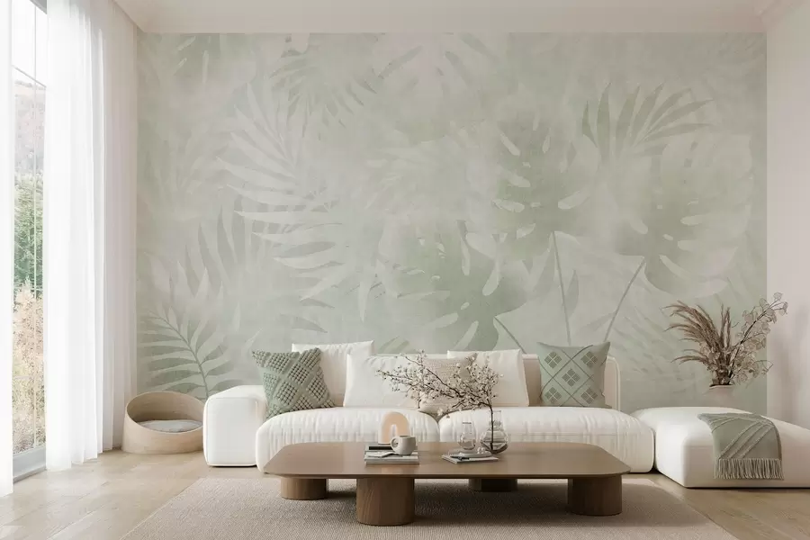 murales de pared Hojas tropicales con efecto grunge en tonos verdes w10080v2