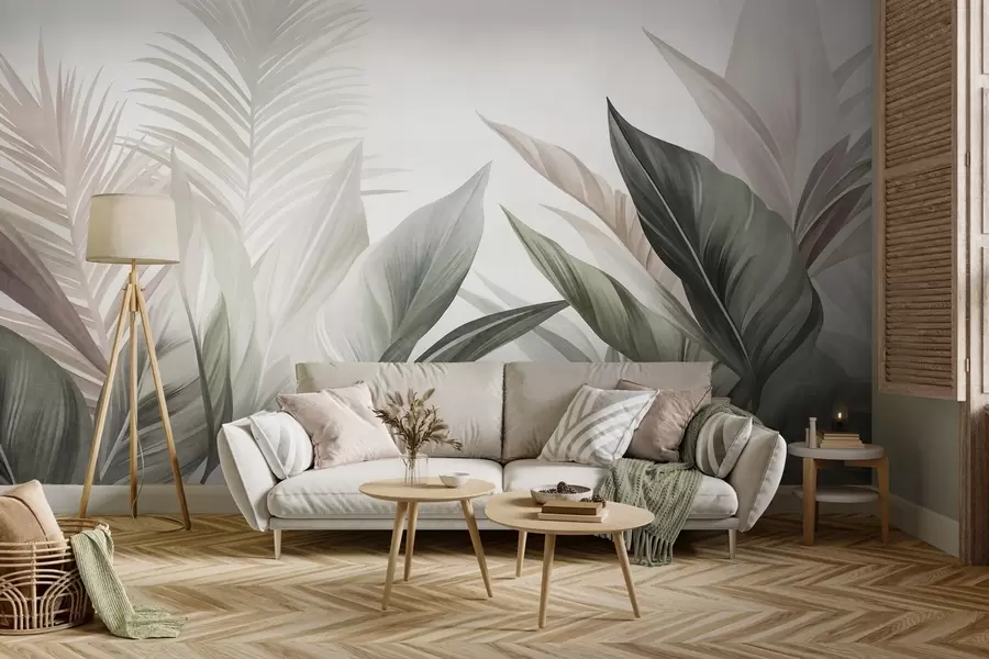 murales de pared Hojas tropicales en tonos verdes y rosas, con textura y de gran tamaño, arte moderno w10055