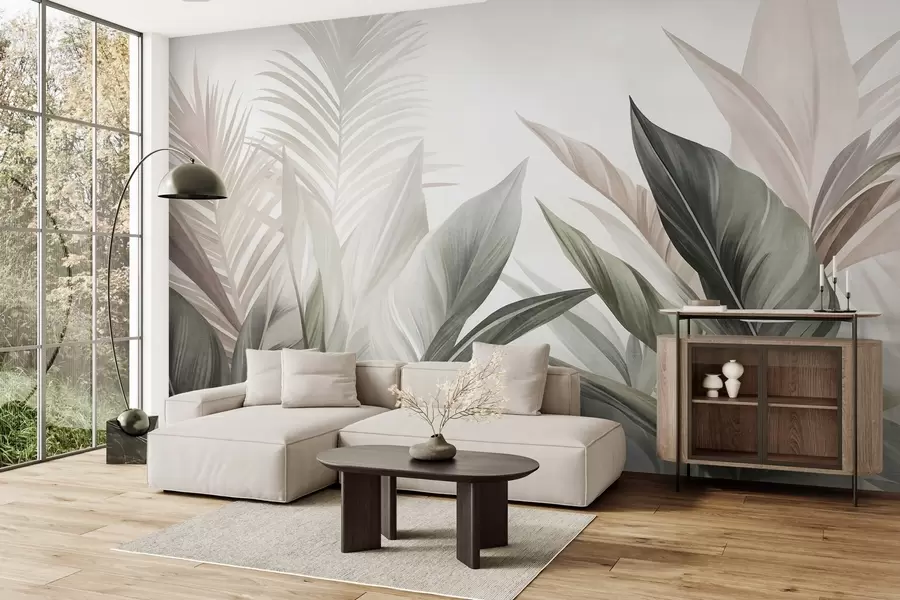 murales de pared Hojas tropicales en tonos verdes y rosas, con textura y de gran tamaño, arte moderno w10055