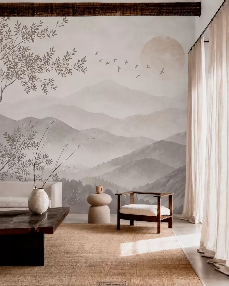 murales de pared Montañas brumosas con un árbol, pájaros y el sol w05924v1